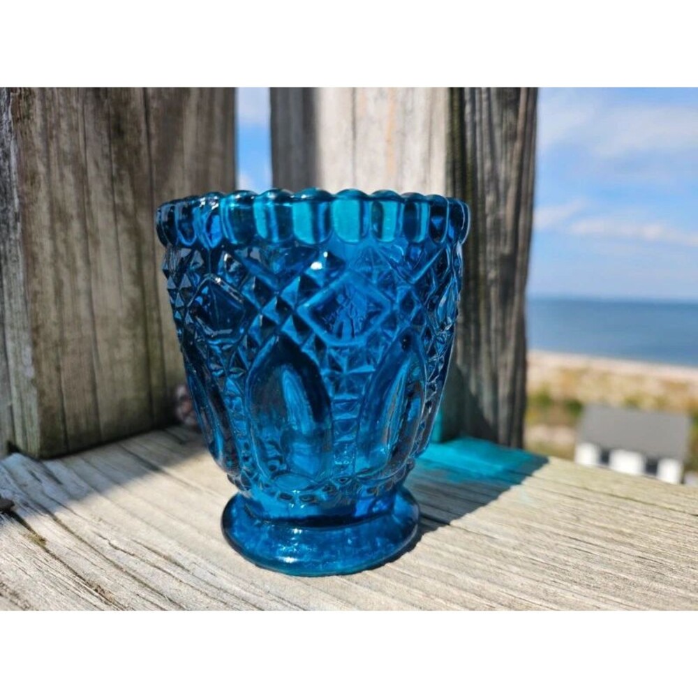 Vintage Cobalt Blue Pressed Glass Footed Votive Candle Holder
